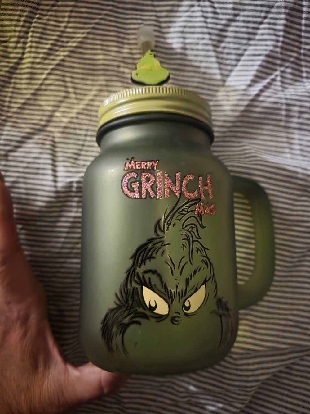 Merry Grinchmas Olive Green Mason-Style Drinking Jar